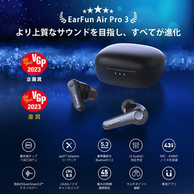 8,990円、aptX Adaptive対応の完全ワイヤレスANCイヤホン「EarFun Air