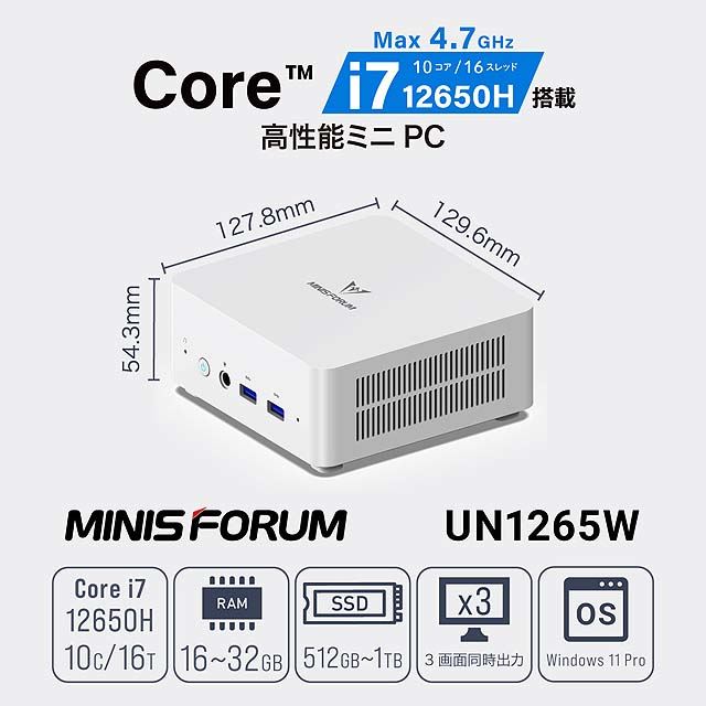 MINISFORUM、「Core i7-12650H」を搭載したミニPC「UN1265W」を本日9/16発売 - 価格.com