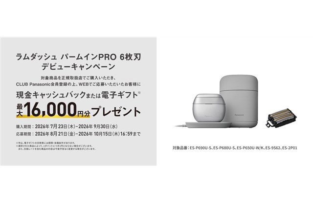 パナソニック、最大16,000円分還元の「ラムダッシュ パームインPRO 6枚刃 デビューキャンペーン」を開始