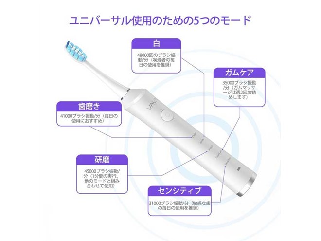 VAVA、3種の交換ブラシヘッド付き防水IPX7電動歯ブラシ「VA-EE007