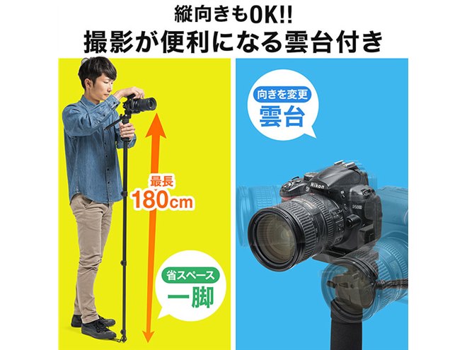 サンワ、狭い撮影スペースで便利な雲台付き4段一脚「200-DGCAM016