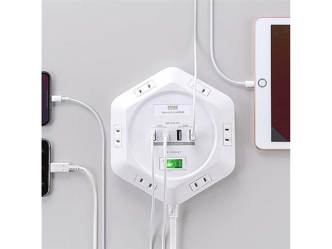 サンワ、USB充電ポート付きの六角形タップ「700-TAP043」 - 価格.com