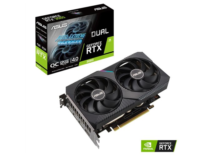 GeForce RTX 3060 12GB Dual グラフィックボード ASUS、Axial-techファンを2基搭載したOC版ビデオカード「DUAL-RTX3060