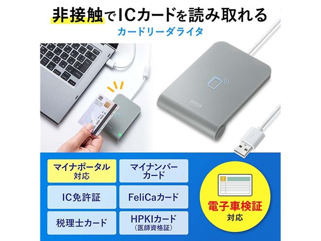 サンワ、電子車検証にも対応する非接触型ICカードリーダライター