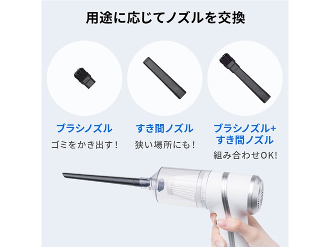 サンワ、2種のノズルが付属するコードレスクリーナー「200-CD077