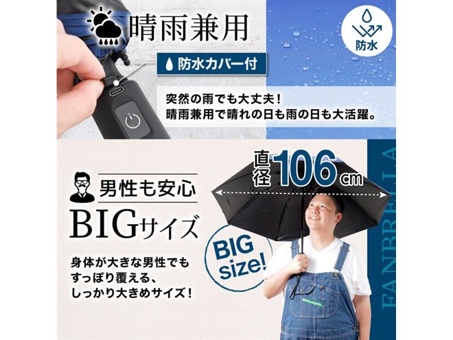 BBSファンアンブレラ 傘の内側に風を送る、3枚羽のファンを搭載した「折りたたみ