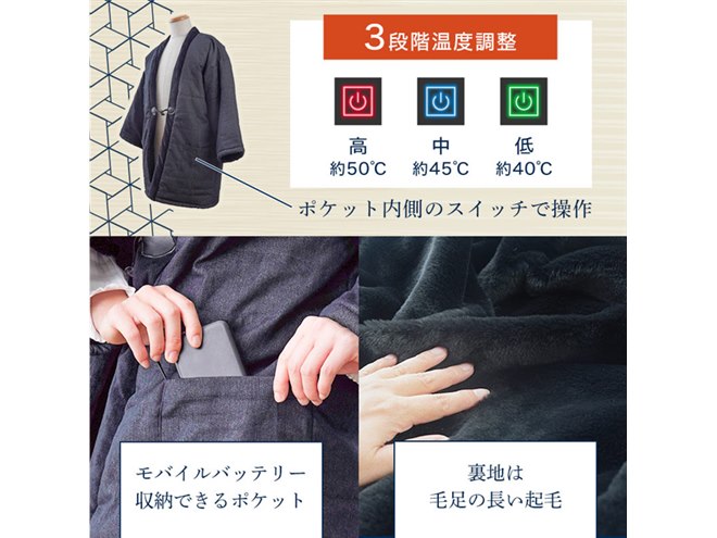 サンコー、計5か所にヒーターを内蔵したUSB式はんてん「ほかてん