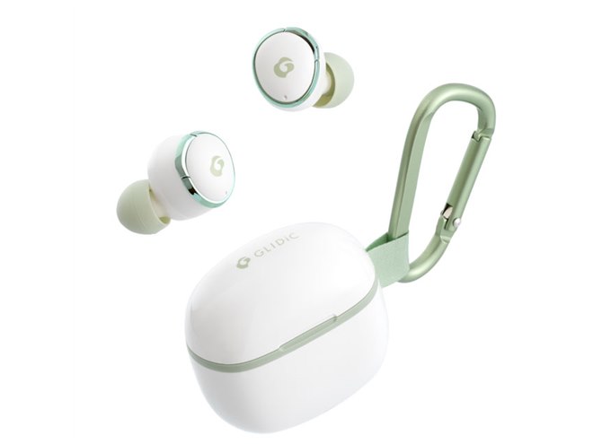 GLIDiC TW-4100 ワイヤレスイヤホン ホワイト/グリーン GLIDiC、ストラップ＆カラビナ付きケースを備えた完全ワイヤレス