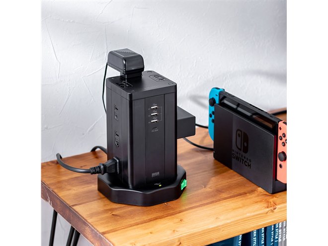 家財便R-STORE　スーパーブラックジャック　データユニ　バイブスイッチ サンワ、12個のAC差込口を備えたタワー型電源タップ「700-TAP074