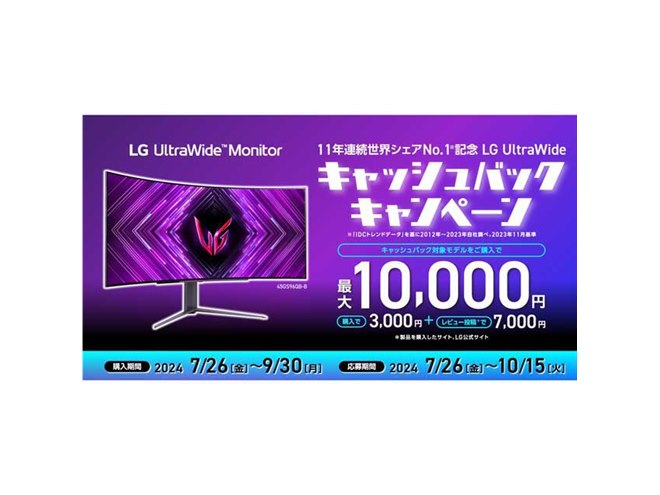 合計最大1万円還元、LG UltraWide Monitor対象のキャッシュバック