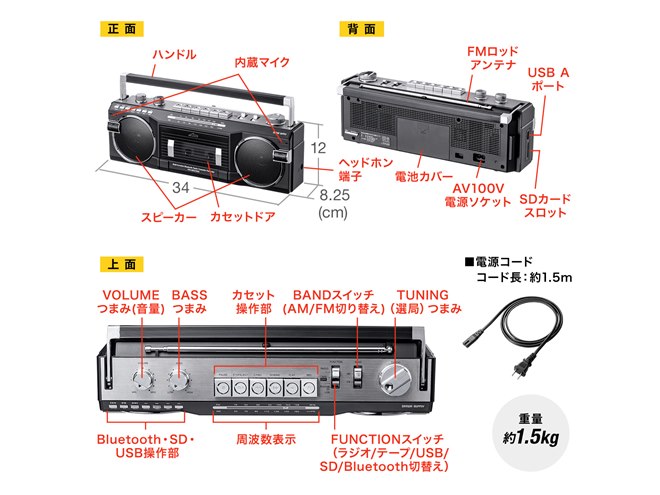 サンワ、Bluetoothを搭載した80年代デザインのラジカセ「400