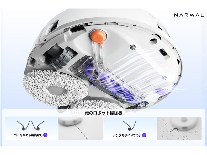 Narwal、サイドモップと強力な水拭き圧力で洗浄するロボット掃除 Narwal、サイドモップと強力な水拭き圧力で洗浄するロボット掃除