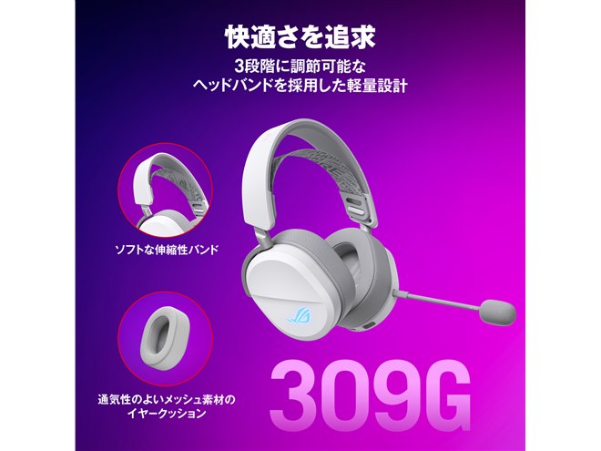 ASUS、軽量309gのワイヤレスゲーミングヘッドセットのホワイト