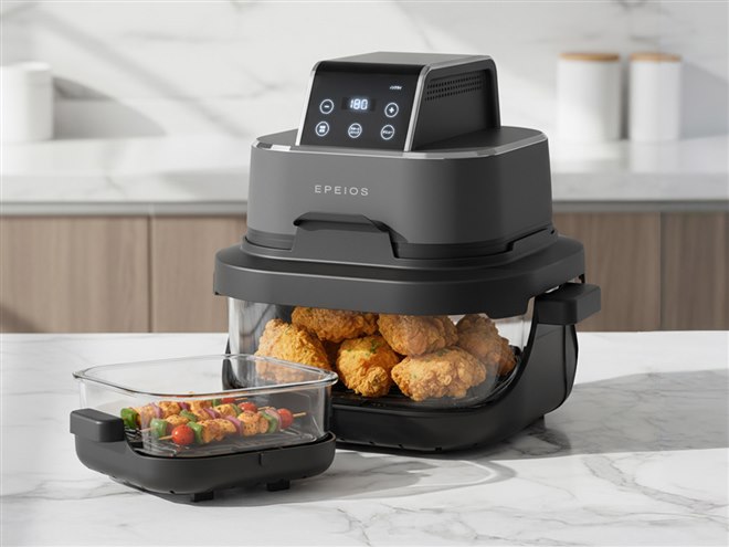 EPEIOS ガラスボウルノンフライヤー EPEIOS、調理ユニットとボウルが分離し揚げも焼きも可能な「ガラス