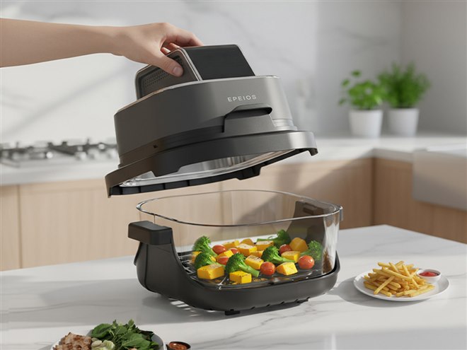 エアフライヤー EPEIOS ガラス容器　洗える EPEIOS、調理ユニットとボウルが分離し揚げも焼きも可能な「ガラス
