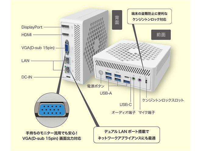 コンパクトミニPC、USBメモリ、無線LAN子機、 51,600円、ファンレスミニパソコン「LN150W」の8GBメモリー搭載モデル