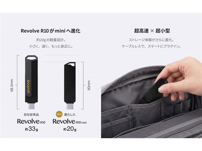 SUNEAST、軽量約20gで最大1050MB/sのポータブルSSD「Revolve R10 mini