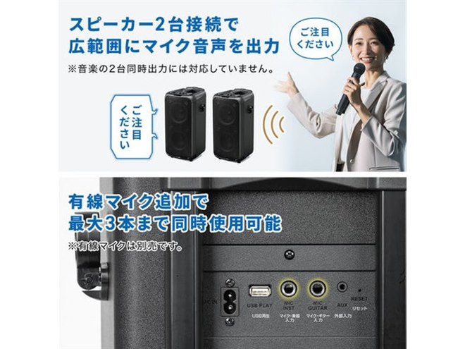 サンワサプライ、最大120W出力でマイク2本が付属するポータブルPA