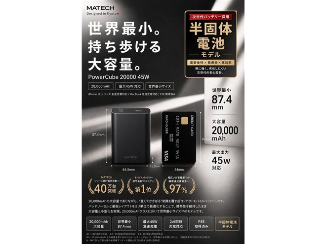 MATECH、燃えにくい半固体電池を搭載したモバイルバッテリー