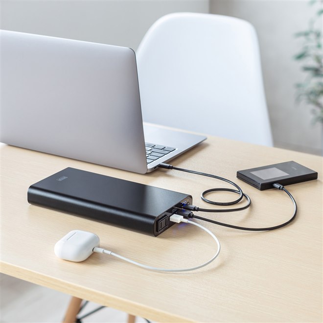 新品☆モバイルバッテリー　急速充電　長持ち　パソコン　スマホ　ブラック サンワ、ノートPCへ給電できるAC出力とUSB PD出力対応のモバイル