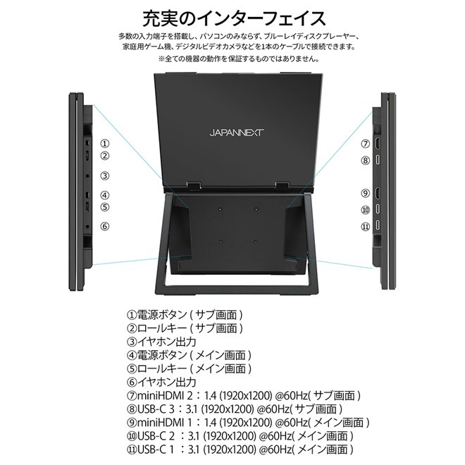 JAPANNEXT、14型WUXGA×2画面の折りたたみ式モバイルディスプレイ