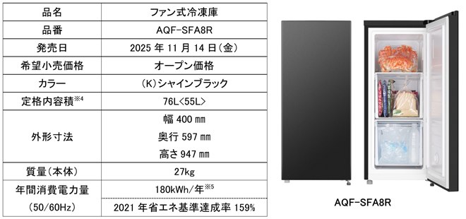 AQUA、セカンド用や1人暮らし用にも適した低消費電力なスリム冷蔵庫