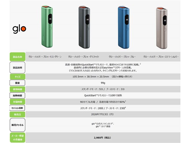 BAT、自動加熱「QuickStart」に対応した加熱式タバコデバイス「glo