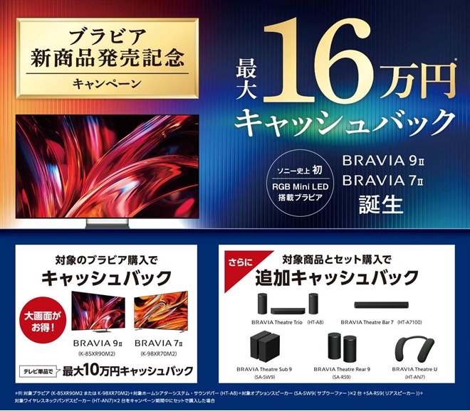 ソニー、最大16万円還元の「ブラビア 新商品発売記念キャンペーン