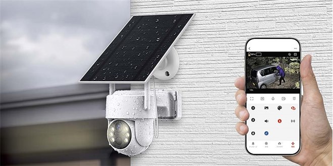 カシムラ、ソーラー給電に対応する首振り防水スマートカメラ「KJ-221