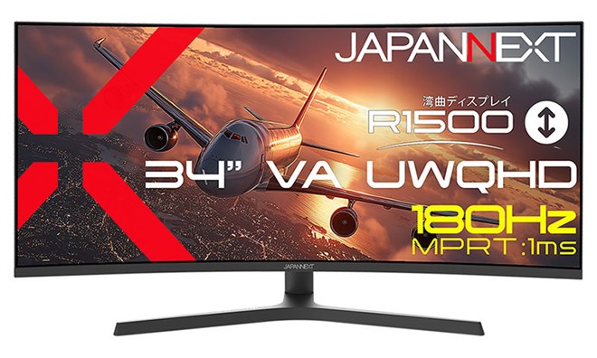 JAPANNEXT、180Hz対応の34型湾曲ウルトラワイドゲーミングモニター「JN