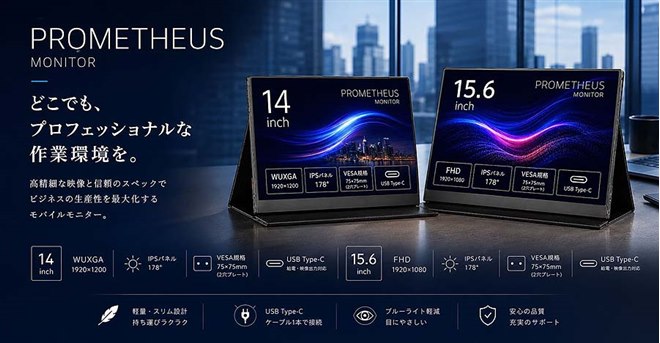 19,800円、モバイルモニター「PROMETHEUS MONITOR」の14型/15.6型