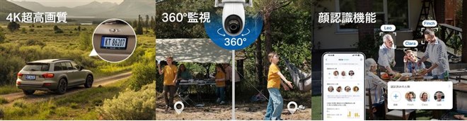 �J������800����f��4K 8MP�i3840�~2160px�j�ɑΉ��B����360�x�A����98�x�͈̔͂Ŏ����ǔ��ł���p���`���g��A�l���A�y�b�g�A�ԗ������ʂ���AI���m�@�\�Ȃǂ�������