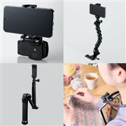 「薄型クリップ付きスマホホルダー P-STSRSCPBK」「ネックレス式スマホホルダー P-STSRSNSBK」「スマホ用グースネッククランプマウント P-STSRSGNCPBK」「曲がる自撮り棒 P-STSRSSS2WBK」