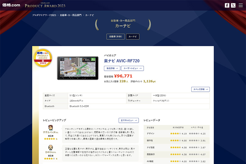 価格.com - [PR企画]カロッツェリア「楽ナビ AVIC-RF720」が金賞に支持 ...