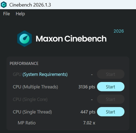 「Cinebench 2026」電源駆動時のスコア