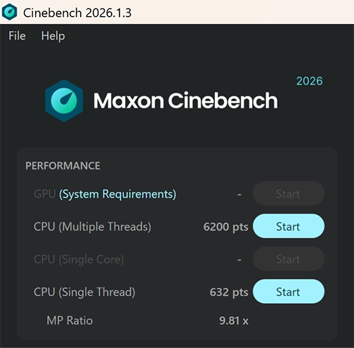 「Cinebench 2026」電源駆動時のスコア