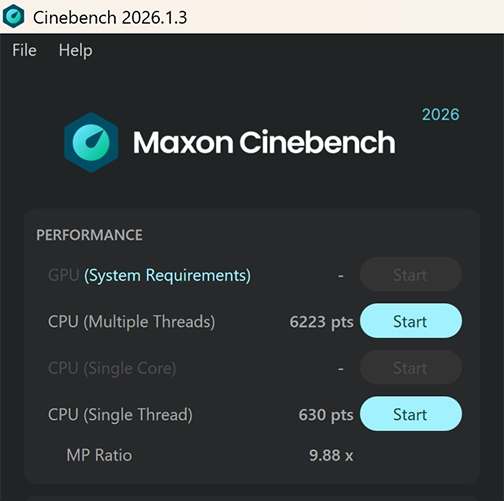 「Cinebench 2026」バッテリー駆動時のスコア