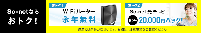 So-netならおトク!おトク1 Wi-Fiルーター永年無料。おトク2 So-net 光 テレビさらに20,000円バック!