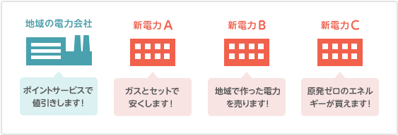 ポイントサービスで値引き、ガスとセットで安くなる、地域で作った電力を販売、原発ゼロのエネルギーが買える