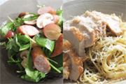 パナソニック「けむらん亭」で作る、燻製ソーセージのサラダと燻製チキンのパスタ