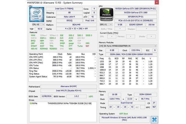 ���񎎂���ALIENWARE 13 OLED VR�̃n�[�h�E�F�A���i�uHWiNFO64�v�Œ��ׂ����́j