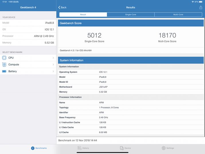 ԃx`}[NAvuGeekbench 4v̌ʁB1TBfȂ̂ŁARAM5.52GBƕ\Ă