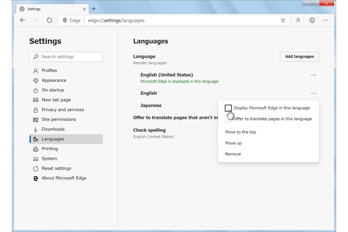 uDisplay Microsoft Edge in this languagevɃ`FbNčċNƓ{łɂȂ