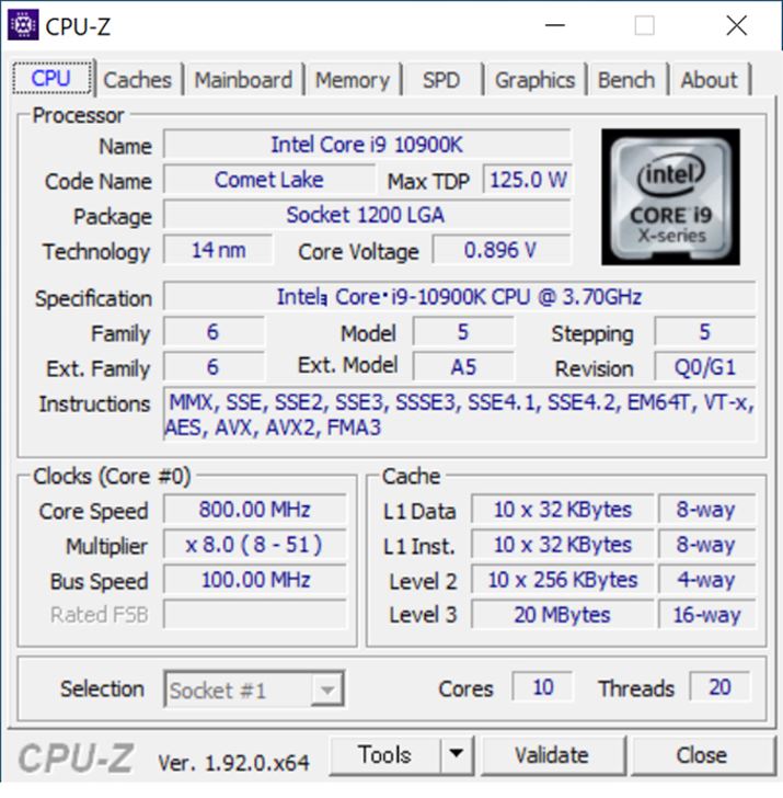 CPU-Z̕\iCore i9 10900Kj