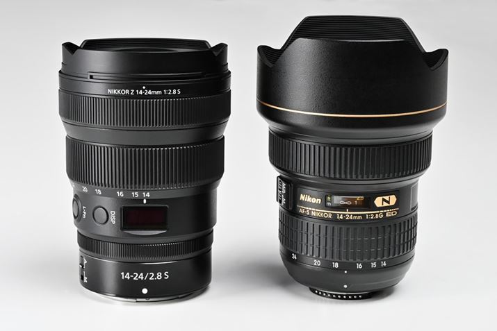 NIKKOR Z 14-24mm f/2.8 SijƁAAF-S NIKKOR 14-24mm f/2.8G EDiEj➑ׂ̂ƍőa͖9.5mmAS͖7mmZAdʂ͖320gyʉĂBȂAAF-S NIKKOR 14-24mm f/2.8G ED͑OʂoĂ邽߁AYőOʂی삷ړIăYt[ȟ^̌`̗pĂANIKKOR Z 14-24mm f/2.8 S̓t[hEɂȂỉ摜̓t[hj