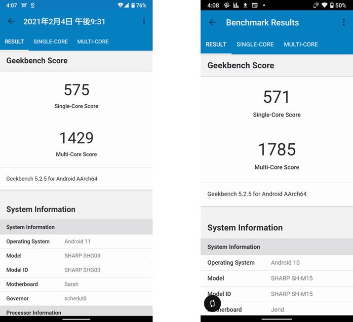 CPȔ\vx`}[NAvuGeekBench 5v̌vʁB{@AEuAQUOS sense4v̂́BVORÃXRA͂قړA}`RÃXRÁuAQUOS sense4v̂ق