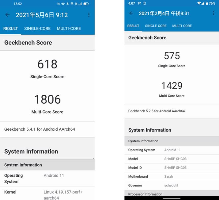CPȔ\vx`}[NAvuGeekbench 5v̌vʁB{@uA54vAEiт̋߂5GX}[gtHuAQUOS sense5Gv̂́BVORAA}`RAƂɖ{@̂قǍDȌʂ