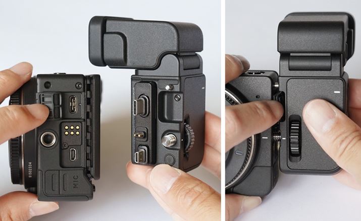 EVF-11̑́AUSB[q̃Jo[180x܂ȂԂŁAEVF̐ڑ[qiUSB[qHDMI[qjJ̒[qɂ܂}ޕKv܂BzbgV[ɎtʓIȂ̂ƔׂƑɂԂ܂