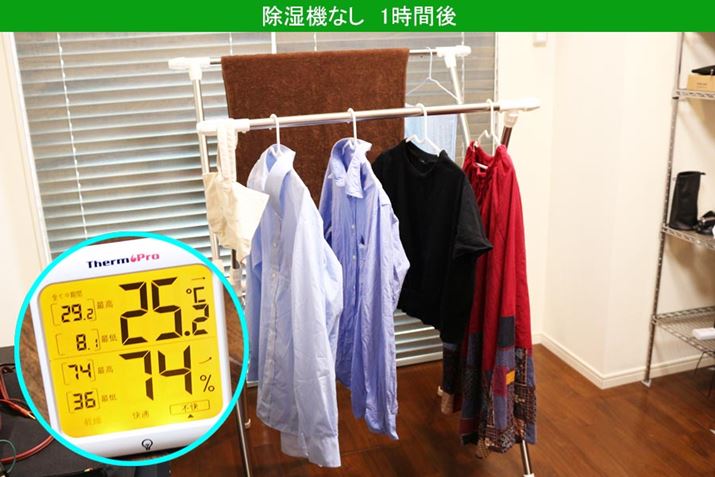 Đồ giặt được sấy khô trong phòng không có máy hút ẩm vẫn ẩm như khi được sấy khô.  Nhiệt độ phòng đã giảm 0,5 ° C ngay từ đầu, nhưng nhiệt độ phòng đã tăng 17%.