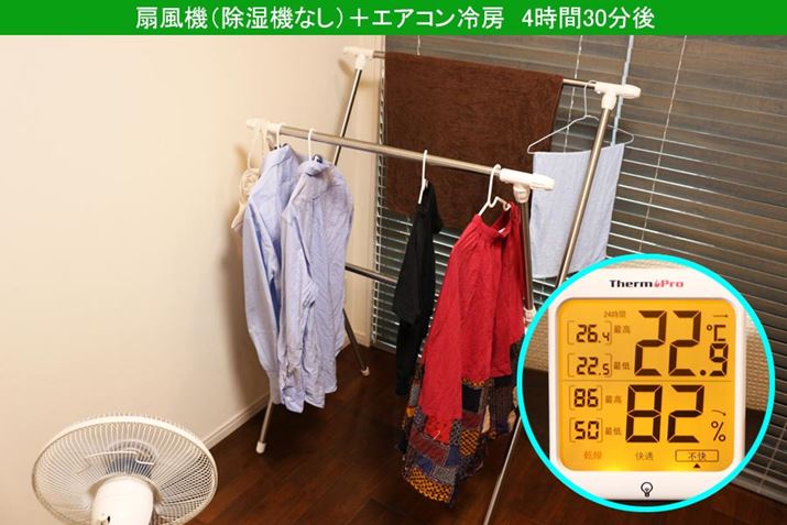 Vì tôi đang sử dụng máy lạnh, nhiệt độ trong phòng là 22,9 ° C, nhưng độ ẩm cao tới 82% nên không thoải mái.  Độ ẩm này gần giống như "Xác minh 2", trong đó chỉ có quạt được vận hành mà không sử dụng điều hòa không khí.  Tuy nhiên, độ khô khan hơn hẳn so với “Xác minh 2”.